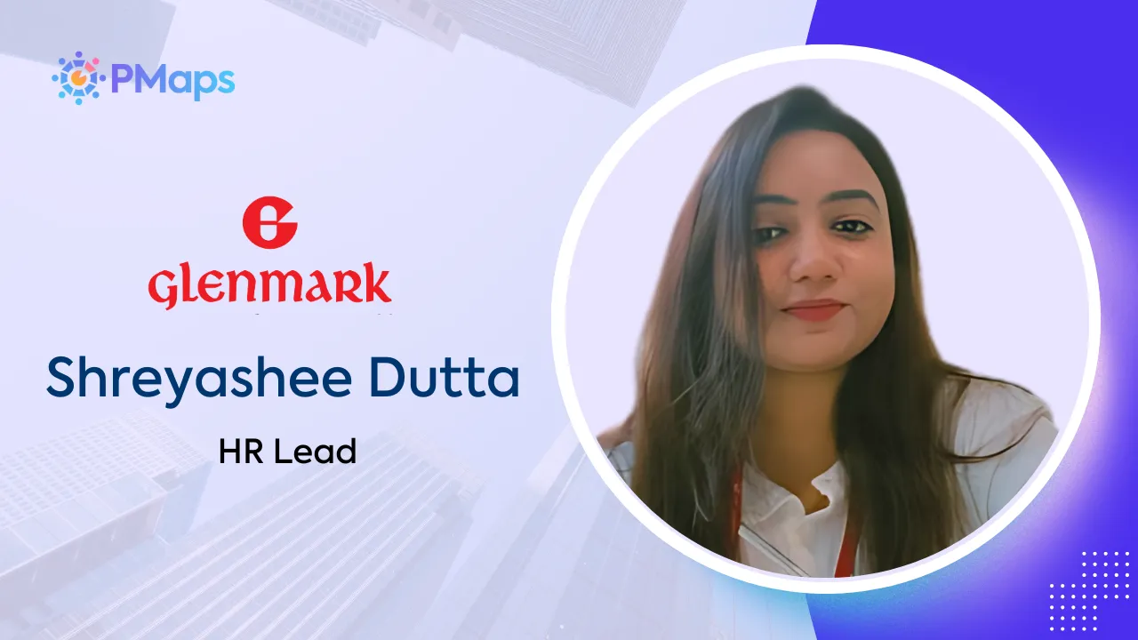 Portrait of Shreyashee Dutta, HR Lead at Glenmark, with company logos and a cityscape background.