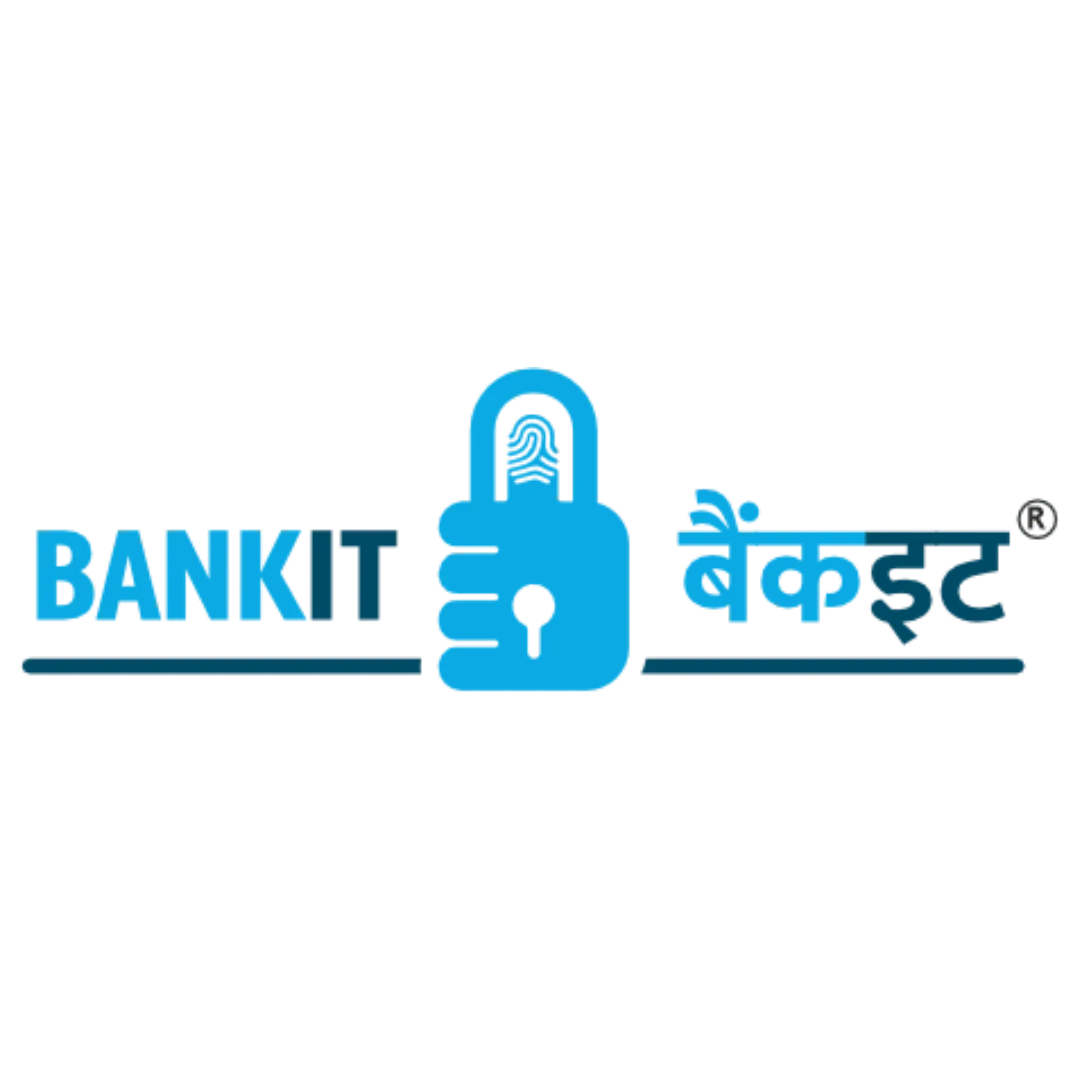 Logo of BANKIT with a blue padlock icon featuring a fingerprint in the shackle, and the name in English and Hindi.