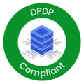 Blue server stack with electronic circuit lines inside a green circle labeled DPDP Compliant.