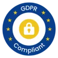 Blue circular badge with yellow stars and a white lock icon in the center, labeled GDPR Compliant.