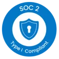 Blue circular badge with a shield icon and text 'SOC 2 Type I Compliant'.