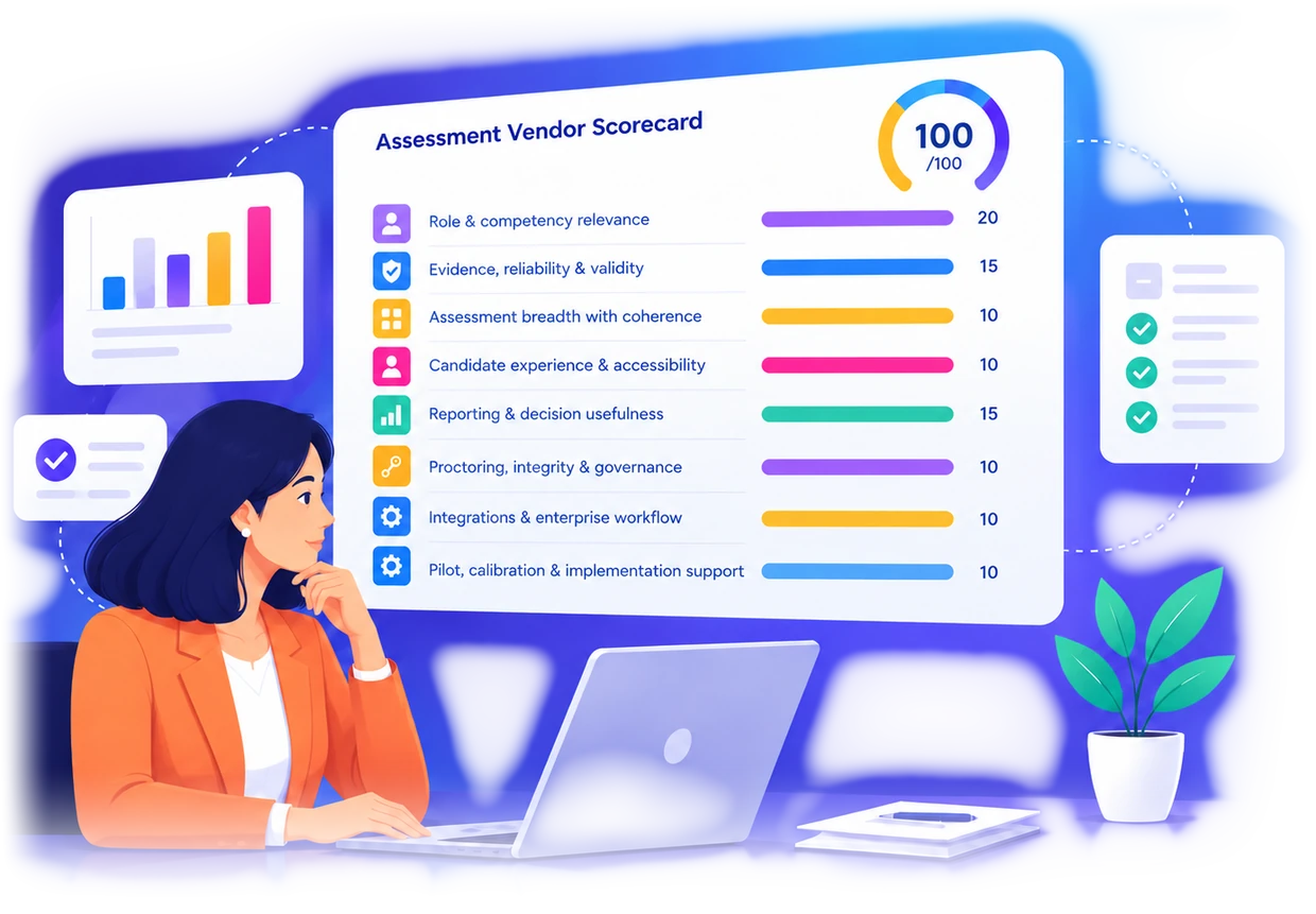 An HR professional reviewing an assessment vendor scorecard
