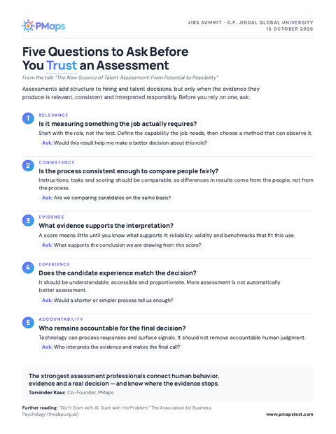 Preview of the one-page handout: Five Questions to Ask Before You Trust an Assessment