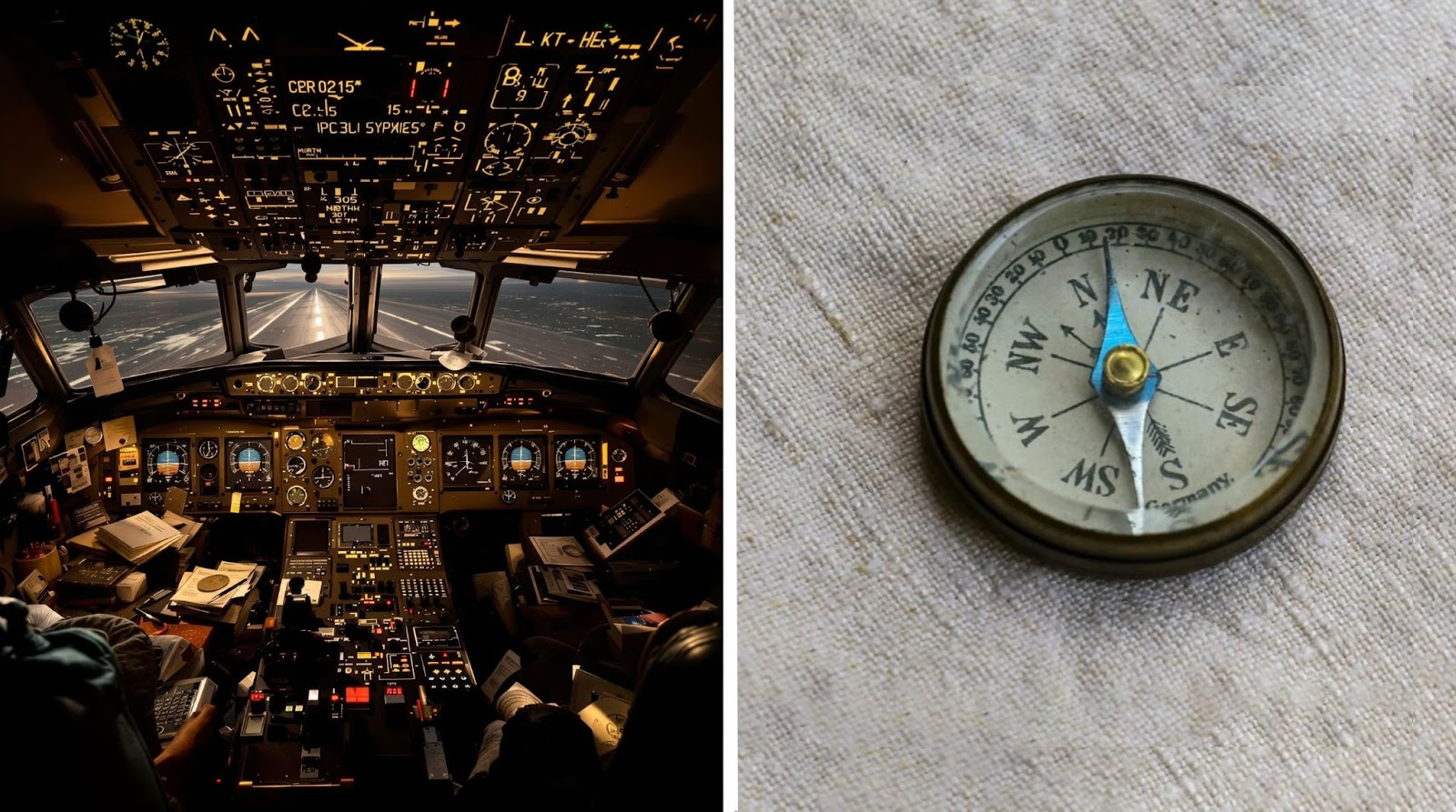 Alt Text → Cockpit dashboard filled with dozens of controls versus a simple compass; a visual metaphor for too many metrics versus the few that matter.