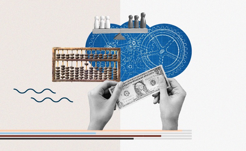 Billete de un dolar mas un ábaco mas engranajes