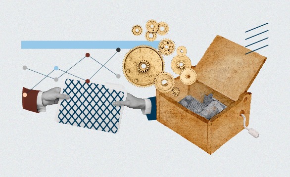 Collage entregando documentos a una maquina con engranajes