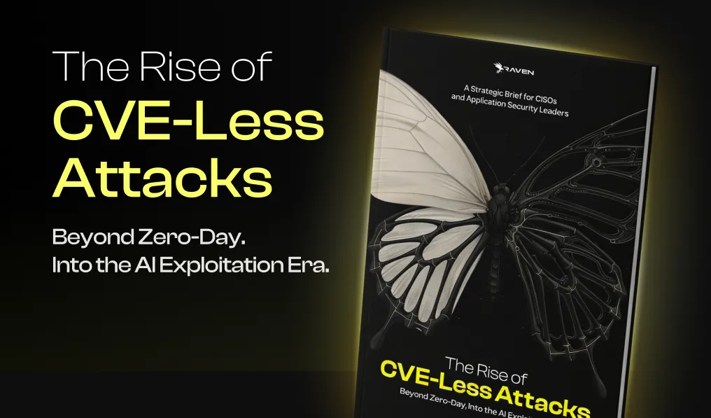 Book cover titled The Rise of CVE-Less Attacks with a half-drawn butterfly illustration on a black background.