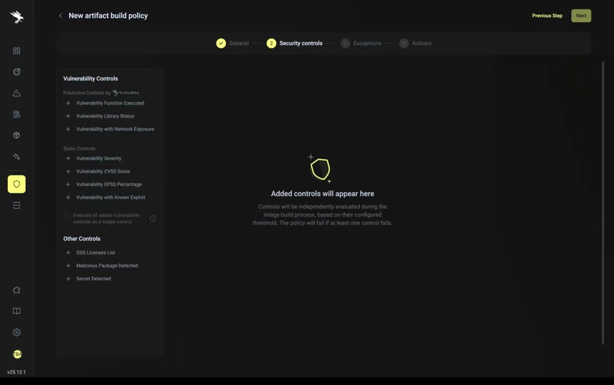 Software security controls interface showing options for vulnerability and other controls with no controls added.