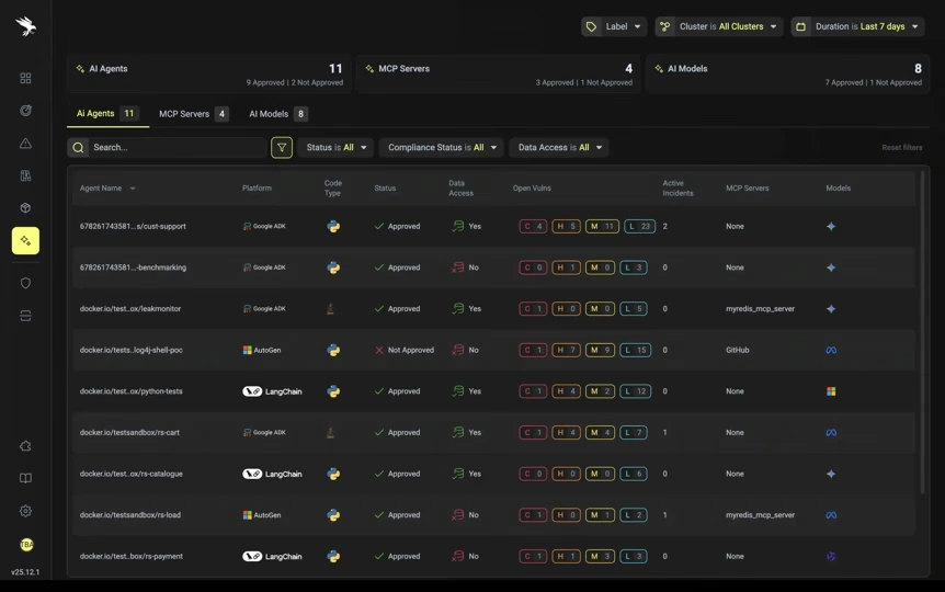 Dark interface showing AI agents table with details like platform, status, data access, open vulnerabilities, and servers.