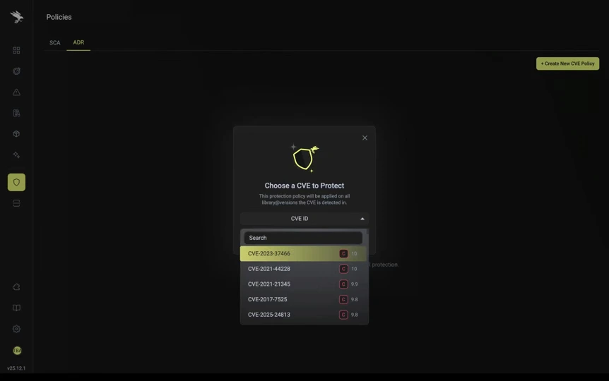 Screen showing a security policy menu with a list to choose a CVE for protection by CVE ID and risk scores.