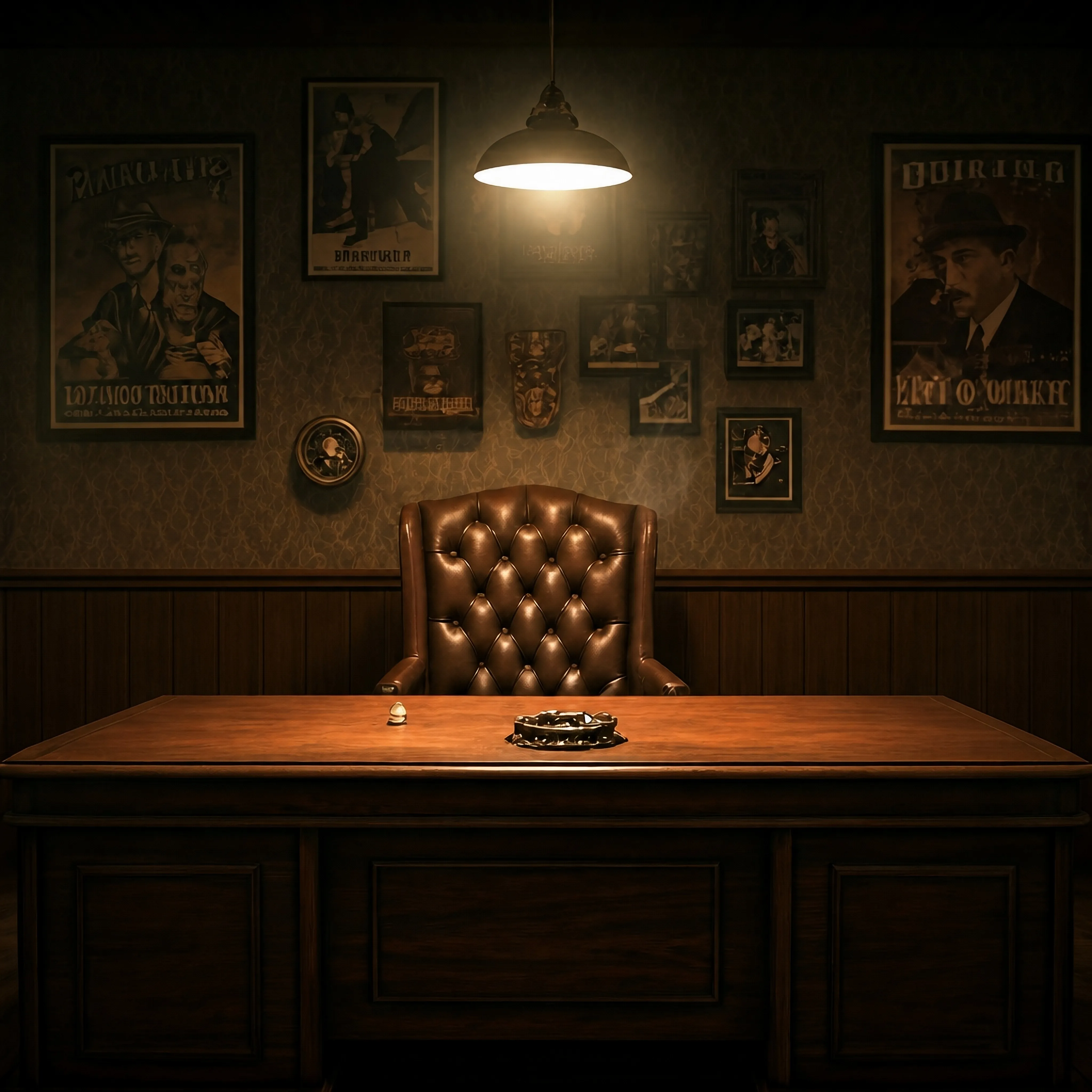 Empty leather office chair behind wooden desk under a hanging lamp in a vintage-style room.