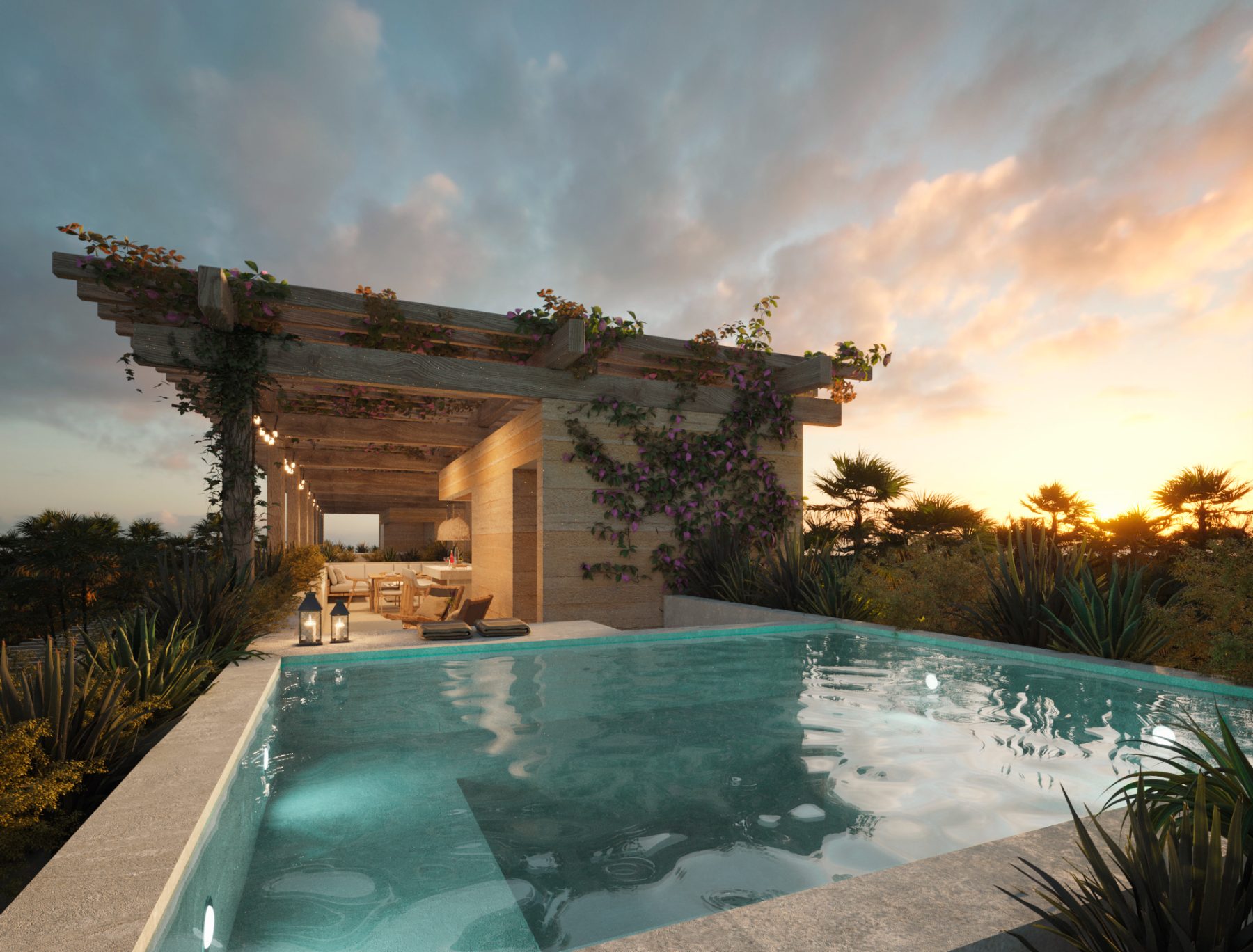 Rooftop pool at golden hour