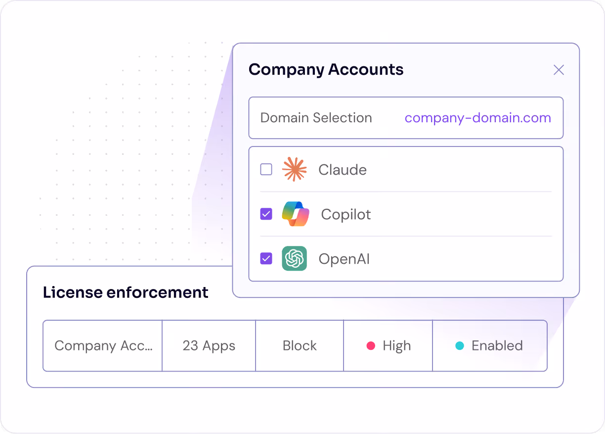 Interface showing company accounts for domain with selected Copilot and OpenAI, license enforcement block high enabled.