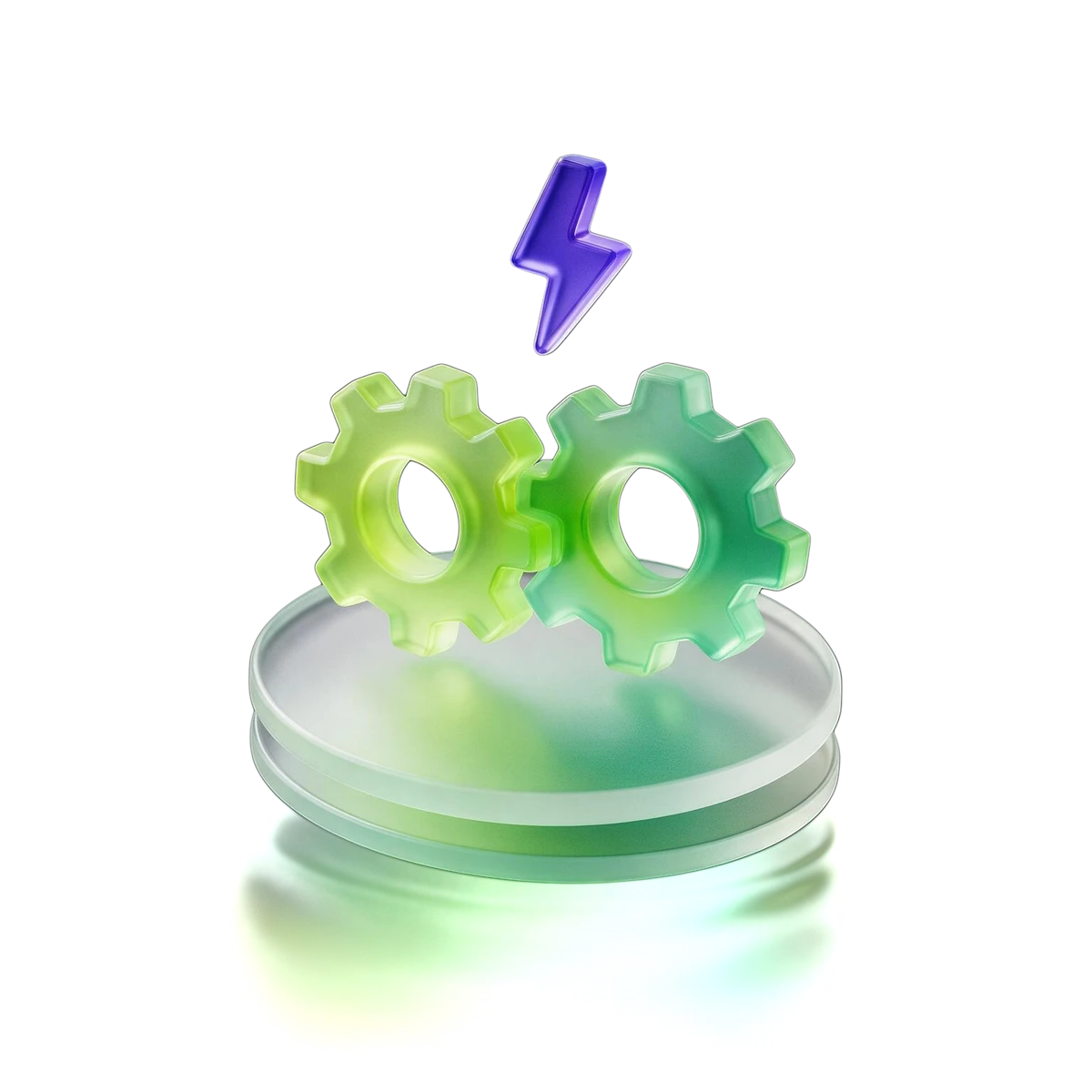 3D frosted glass icon of lime green gears with a lightning bolt representing smart automation and optimisation
