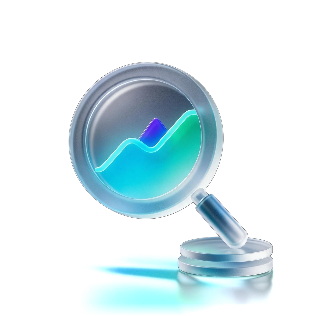3D frosted glass icon of a magnifying lens with a rising cyan chart representing SEO and digital marketing