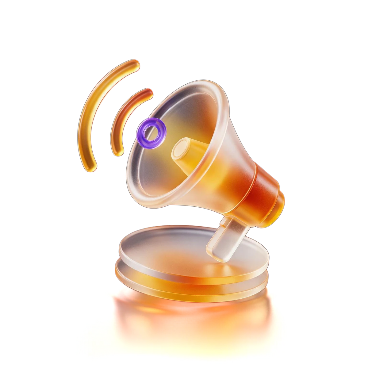 3D frosted glass icon of an amber megaphone representing strategic campaigns and digital projects