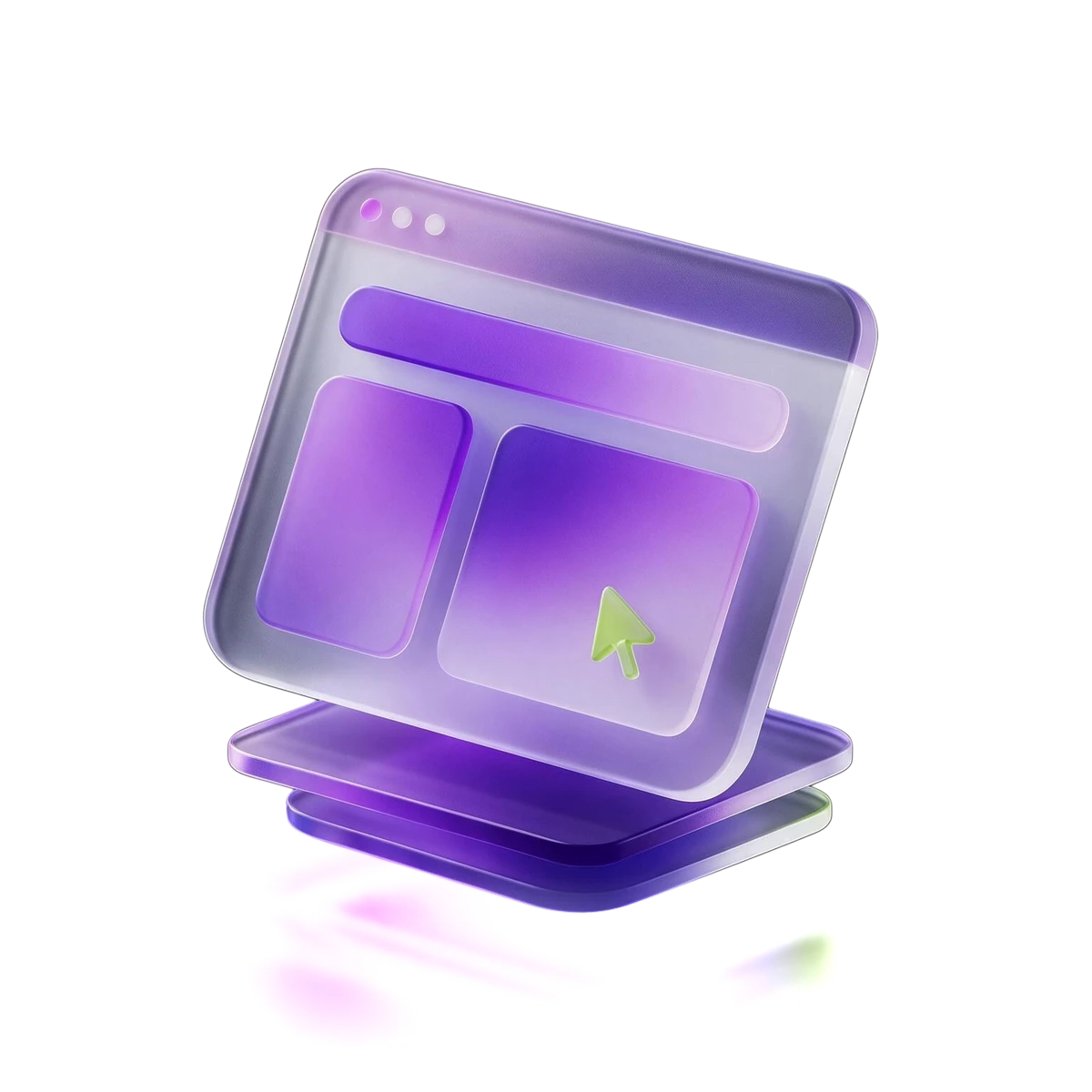 3D frosted glass icon of a purple browser window with a cursor representing website design and development