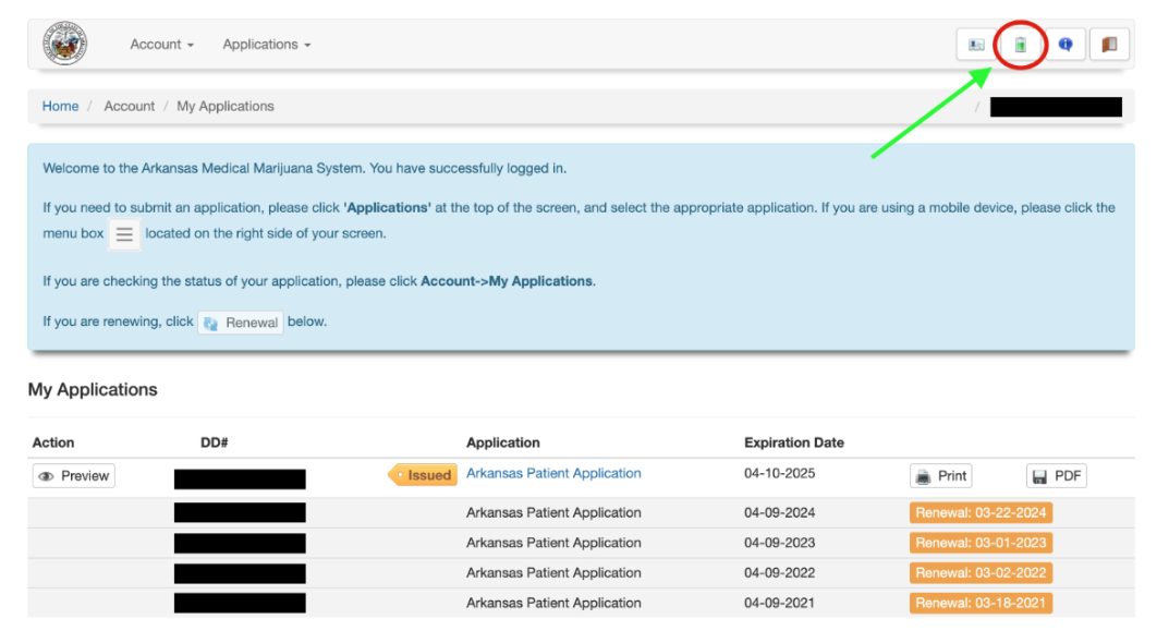 Arkansas Medical Marijuana System account dashboard showing the main navigation with a green battery icon circled in the upper right corner, and a My Applications section displaying patient application history with expiration dates.