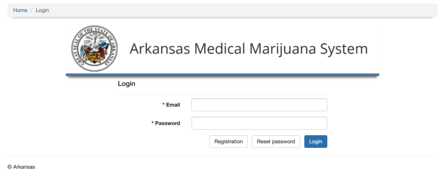 Arkansas Medical Marijuana System login page showing the state seal, email and password input fields, and buttons for Registration, Reset password, and Login.