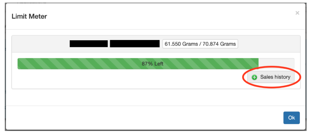 Same Limit Meter popup as Image 4, but with the green Sales history button highlighted with a red circle to emphasize its location.