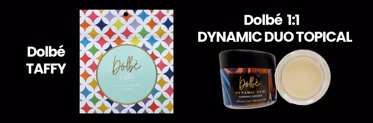 Dolbé cannabis-infused taffy edible and Dynamic Duo 1:1 THC:CBD topical cream by BOLD Team.