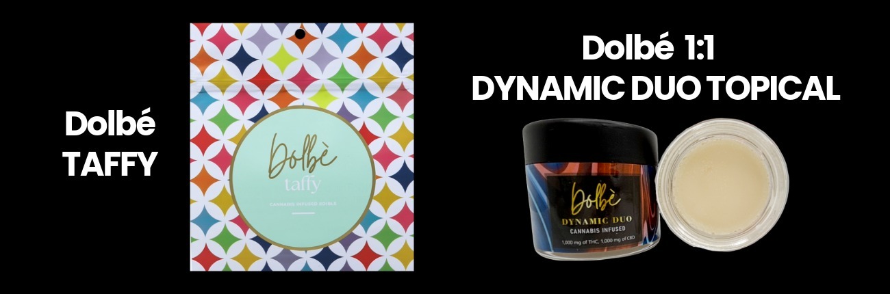 Dolbé cannabis-infused taffy edible and Dynamic Duo 1:1 THC:CBD topical cream by BOLD Team.
