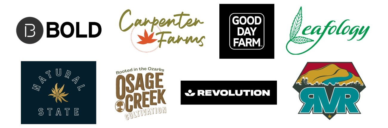 Logos of Arkansas' eight licensed medical marijuana cultivators: BOLD Team with circular B icon, Carpenter Farms with autumn leaf and script text, Good Day Farm in black square, Leafology with green leaf and script, Natural State Medicinals with cannabis leaf outline, Osage Creek Cultivation with brown rustic text and tree icon reading 'Rooted in the Ozarks', Revolution Cannabis in black with white text and leaf icon, and River Valley Relief (RVR) with mountain landscape and blue letters in hexagonal badge design.