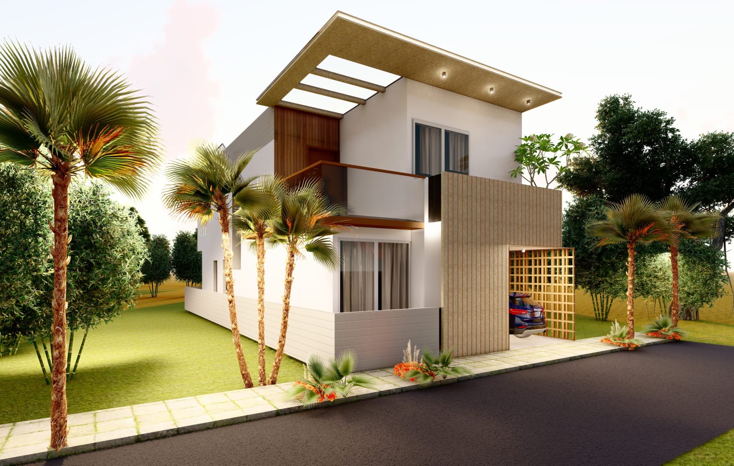 Lilac Select Home – 3D render of the two-storey exterior with covered car parking