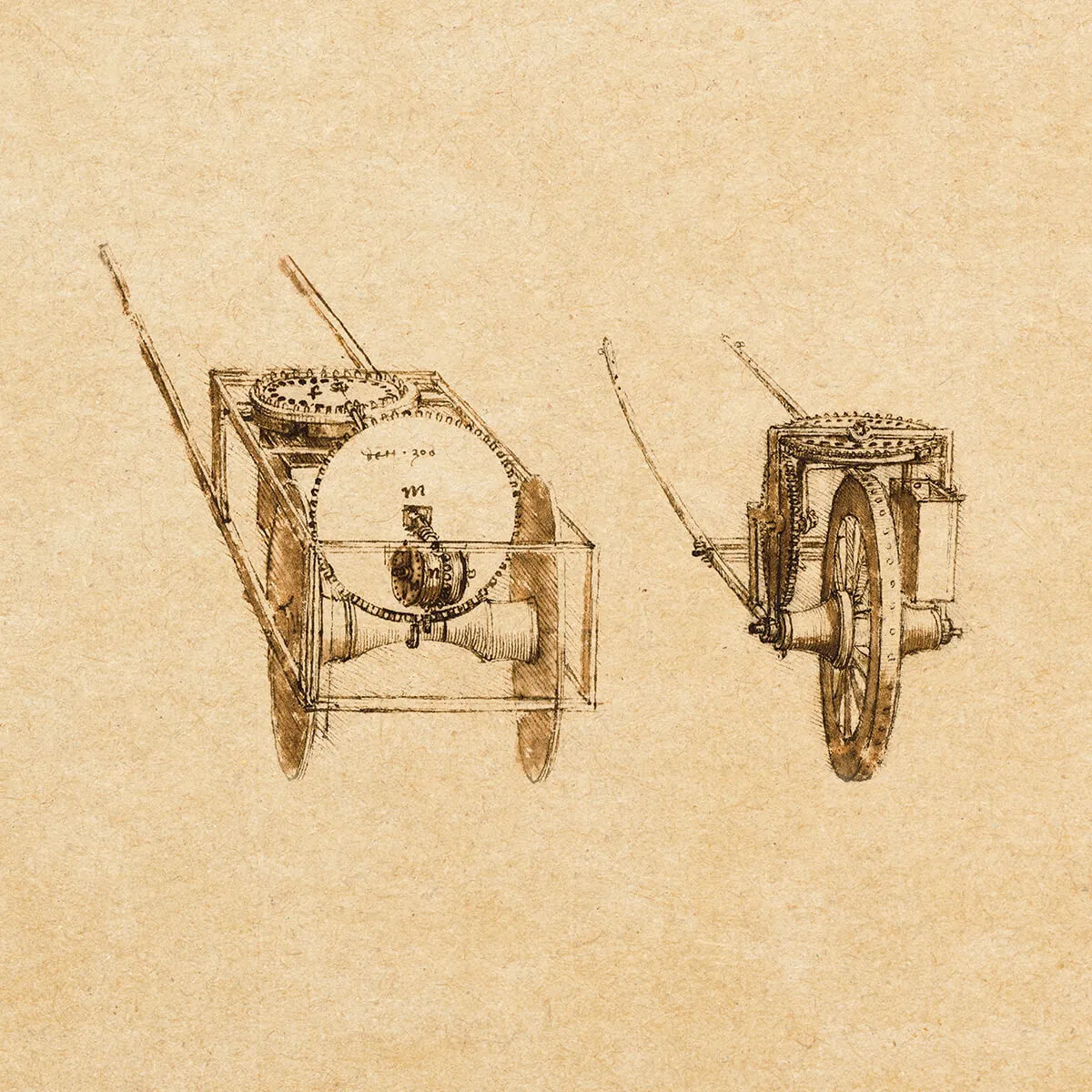 Sketch of two early mechanical odometer devices with gears and wheels on a beige background.