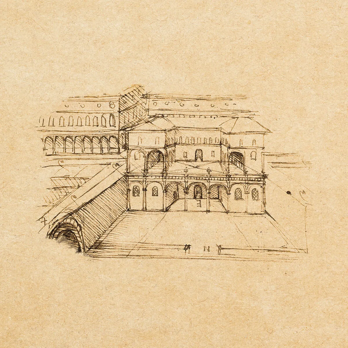 Hand-drawn architectural sketch of a building with arches, windows, and a bridge on textured beige paper.