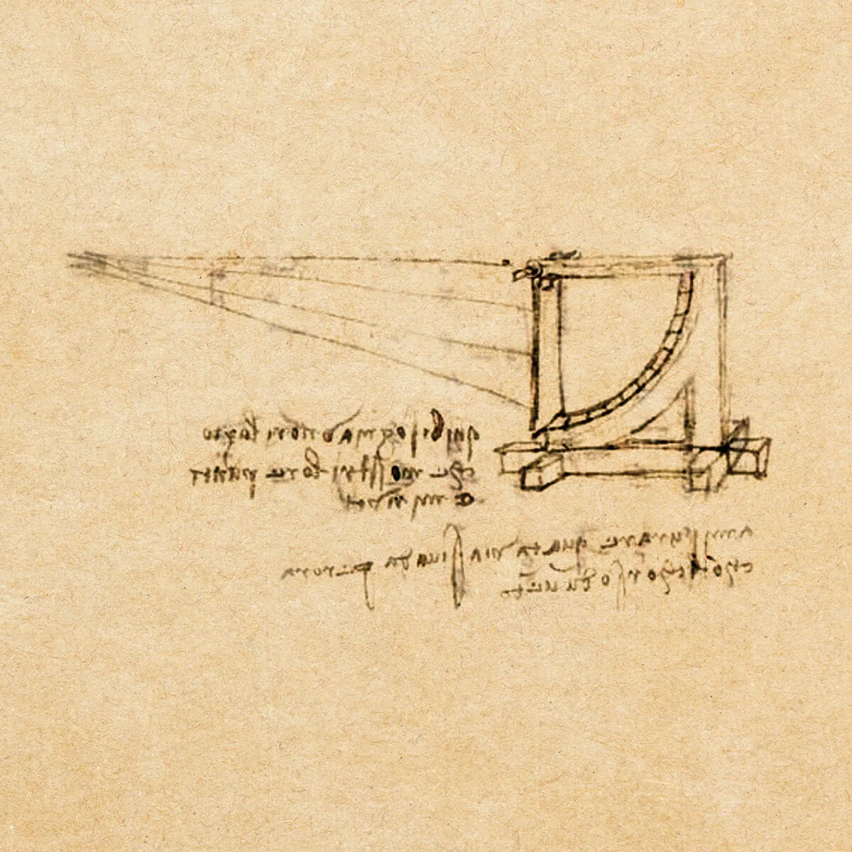Leonardo da Vinci sketch of a scientific instrument with perspective rays and mirrored handwritten notes.