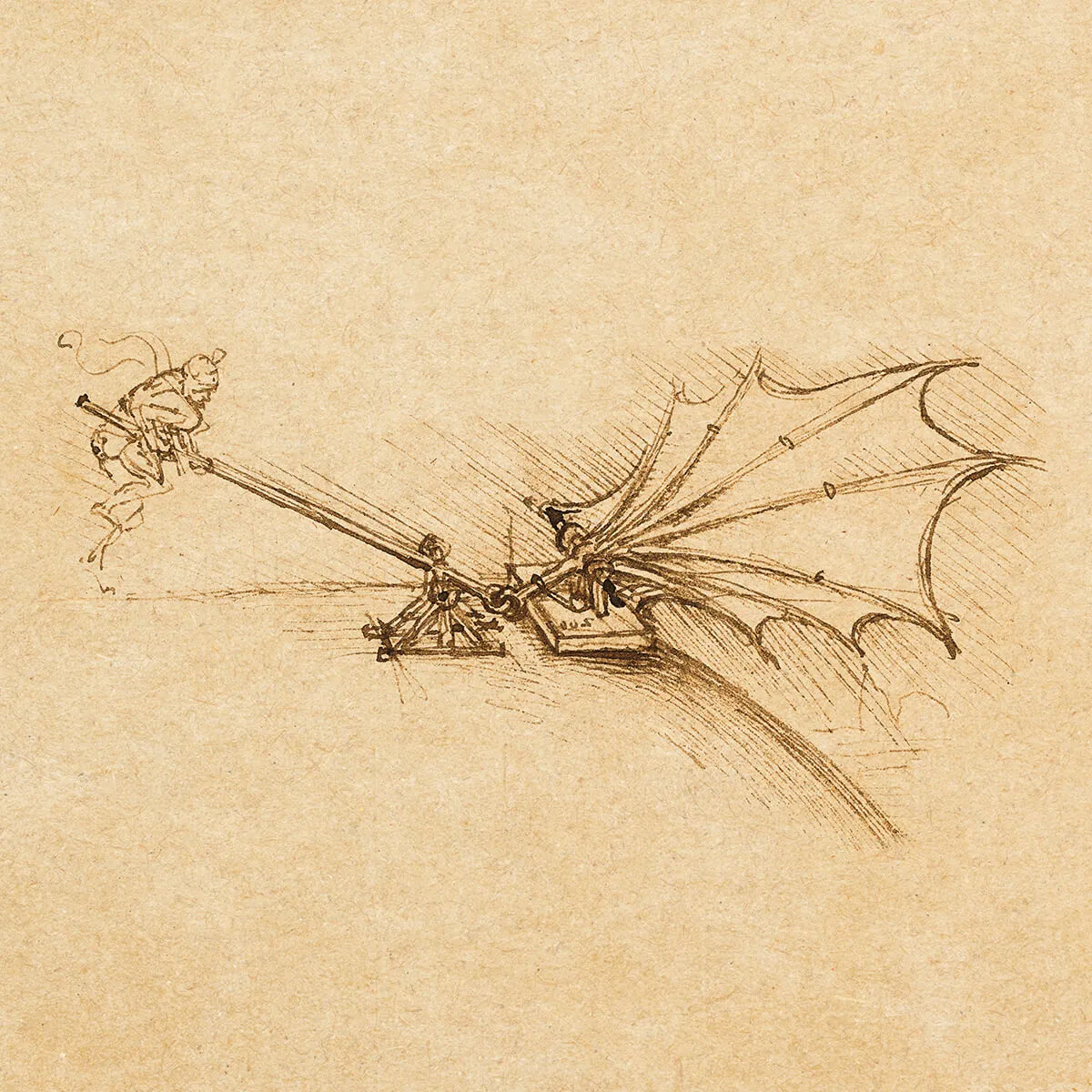 Sepia sketch of a flying machine with a person operating wing-like apparatus while another figure appears to be pushed back by air resistance.