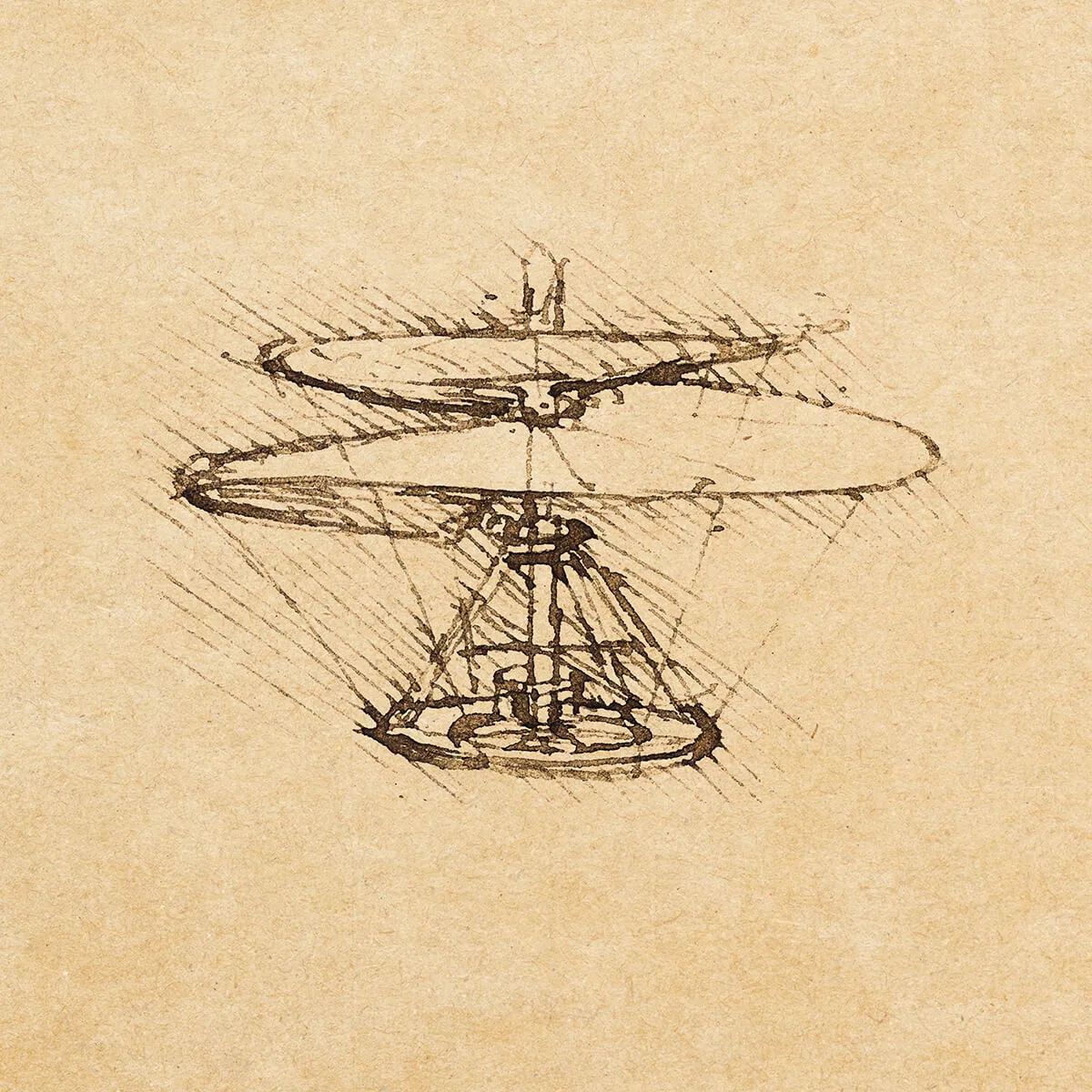 Sketch of an aerial screw, an early helicopter concept, drawn in sepia ink on aged paper.