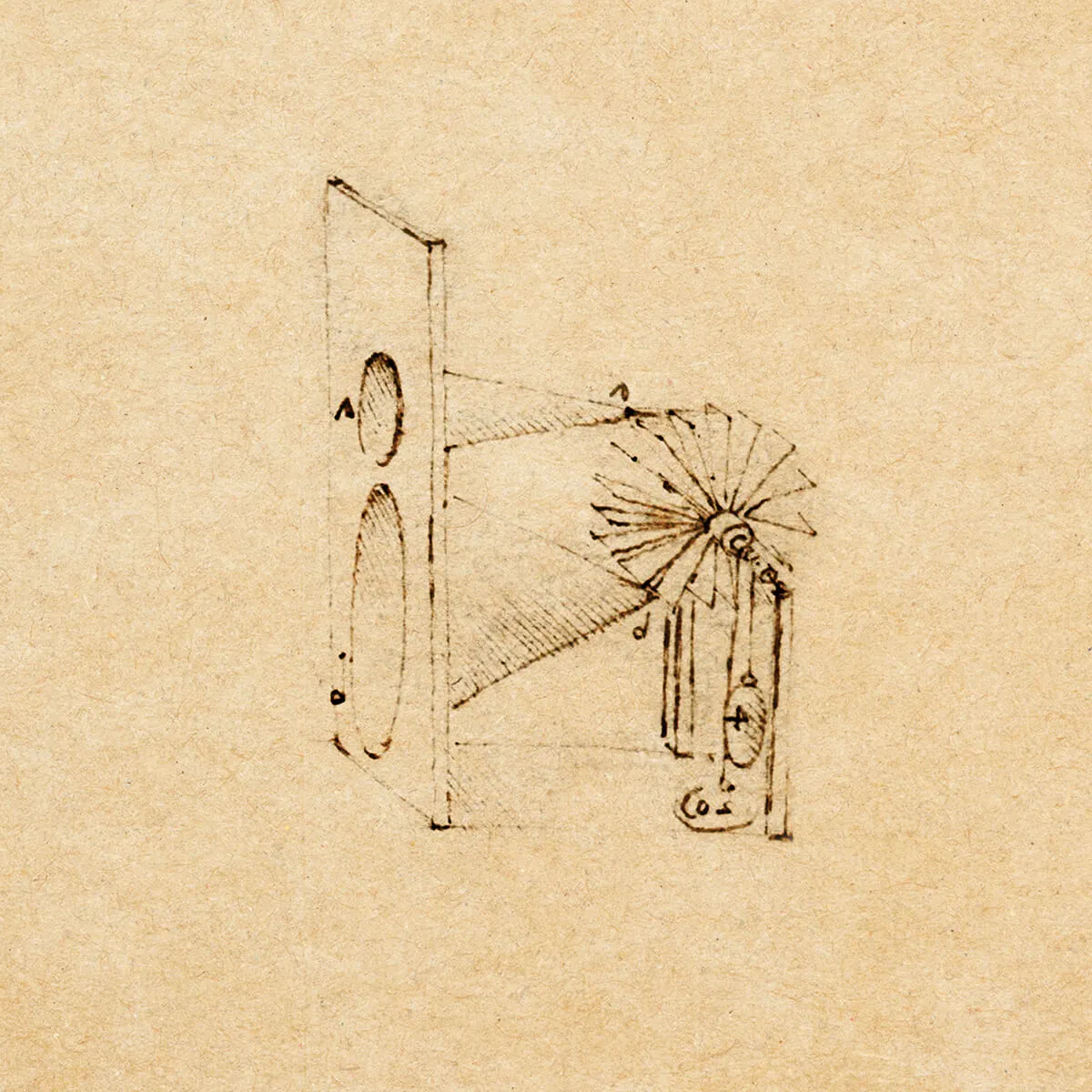 Ink sketch of a mechanical device with pulleys, labeled with numbers, drawn on textured parchment.