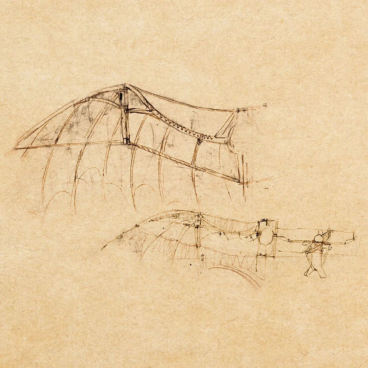 Sketch of a winged glider design with structural details and a figure operating the glider on beige parchment.