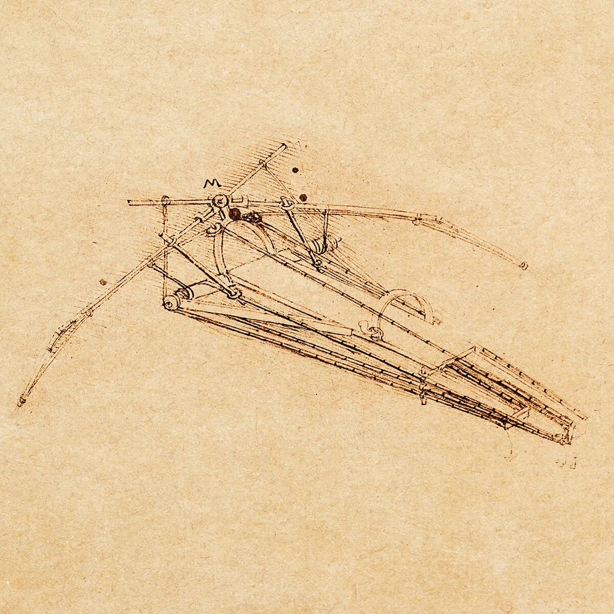 Sketch of a mechanical flying machine with wings and structural details on aged paper.
