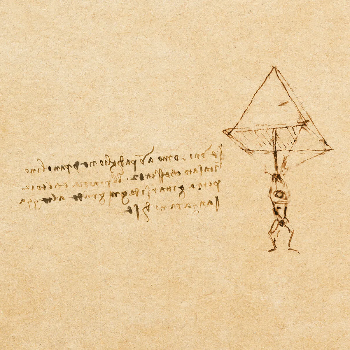 Sketch of a person holding a triangular parachute, accompanied by handwritten notes in mirror writing on aged paper.