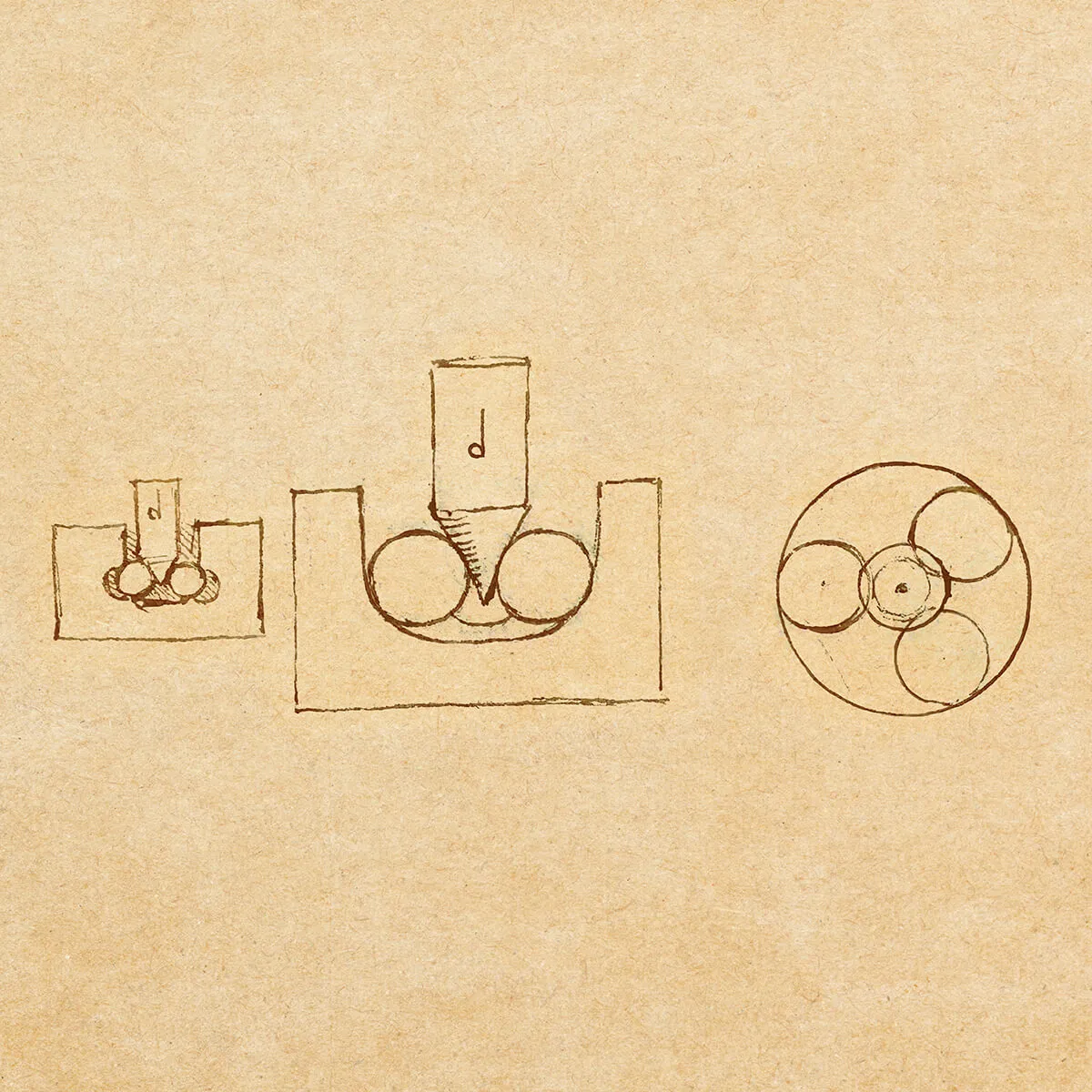 Hand-drawn sketches illustrating a process involving two ball bearings and a pointed tool pressing between them, and a circular arrangement of four balls.