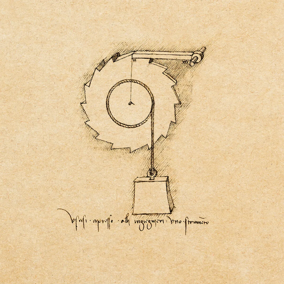 Sketch of a circular saw blade connected to a weighted block by a rope mechanism.