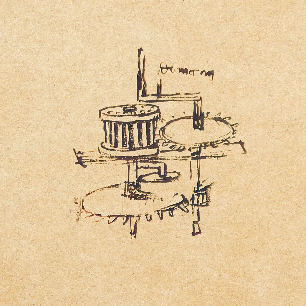 Sketch of an early mechanical gear system with several interlocking cogwheels on aged paper.