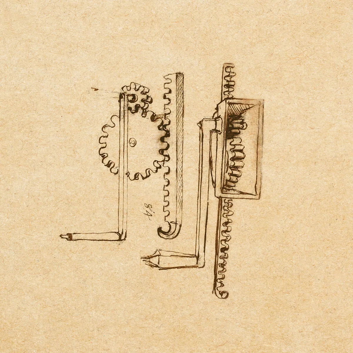 Sepia-toned sketch of interlocking gears and rack-and-pinion mechanisms drawn on textured paper.