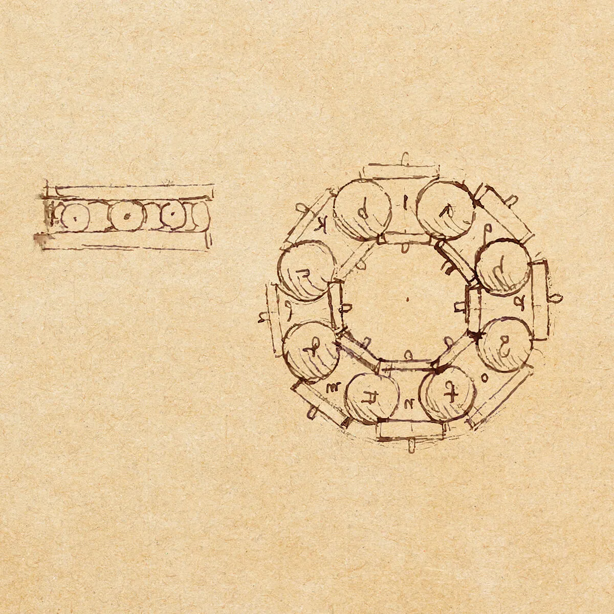 Sketch of a mechanical ball bearing assembly showing a circular arrangement of numbered balls and a side cross-section view.