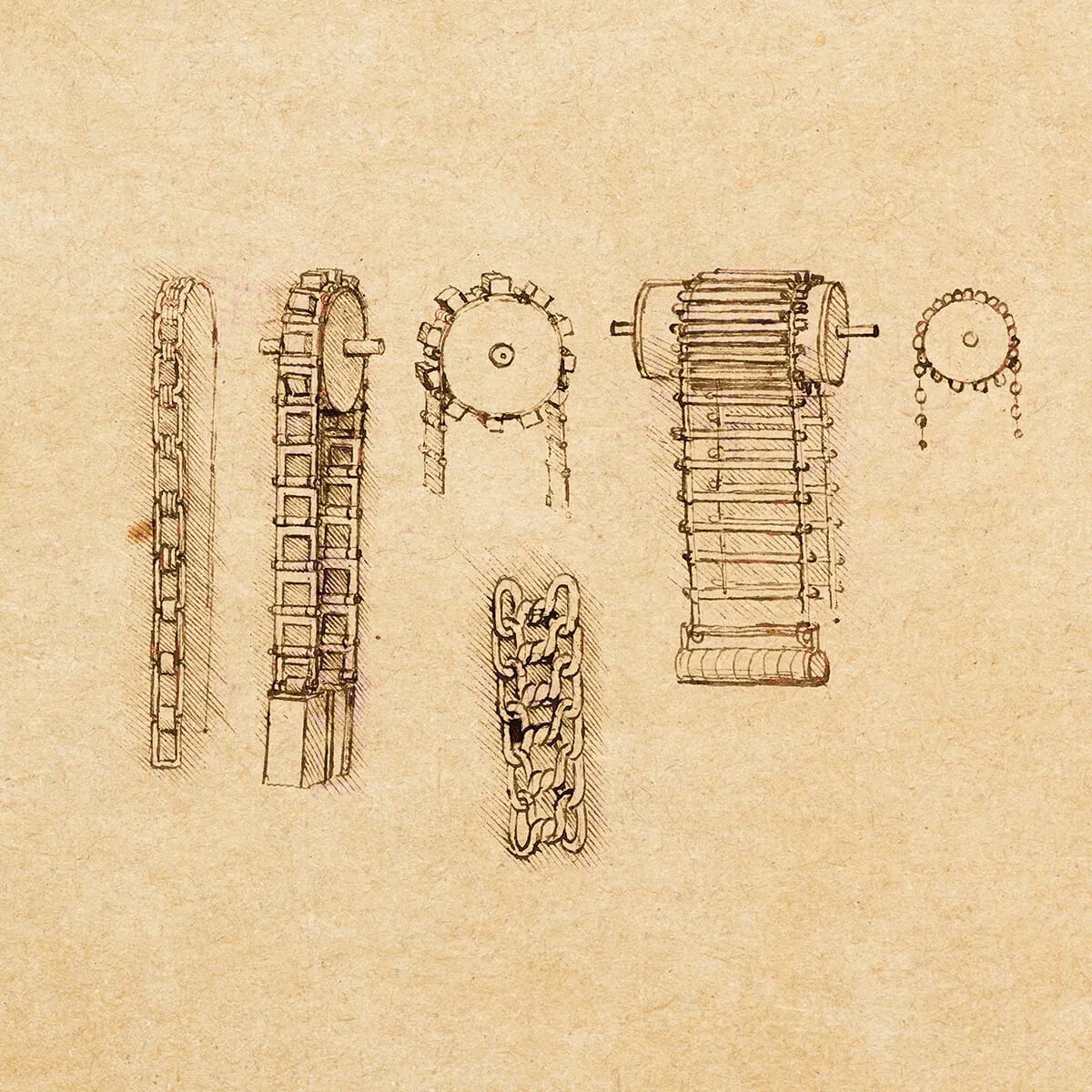 Sepia-toned sketch showing various chain and sprocket mechanisms arranged horizontally.