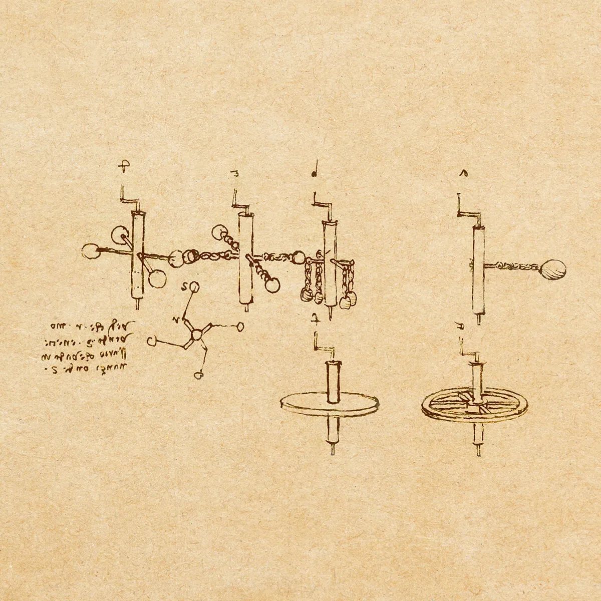 Sketches of mechanical flywheel mechanisms with gears, cranks, and chains on aged paper.