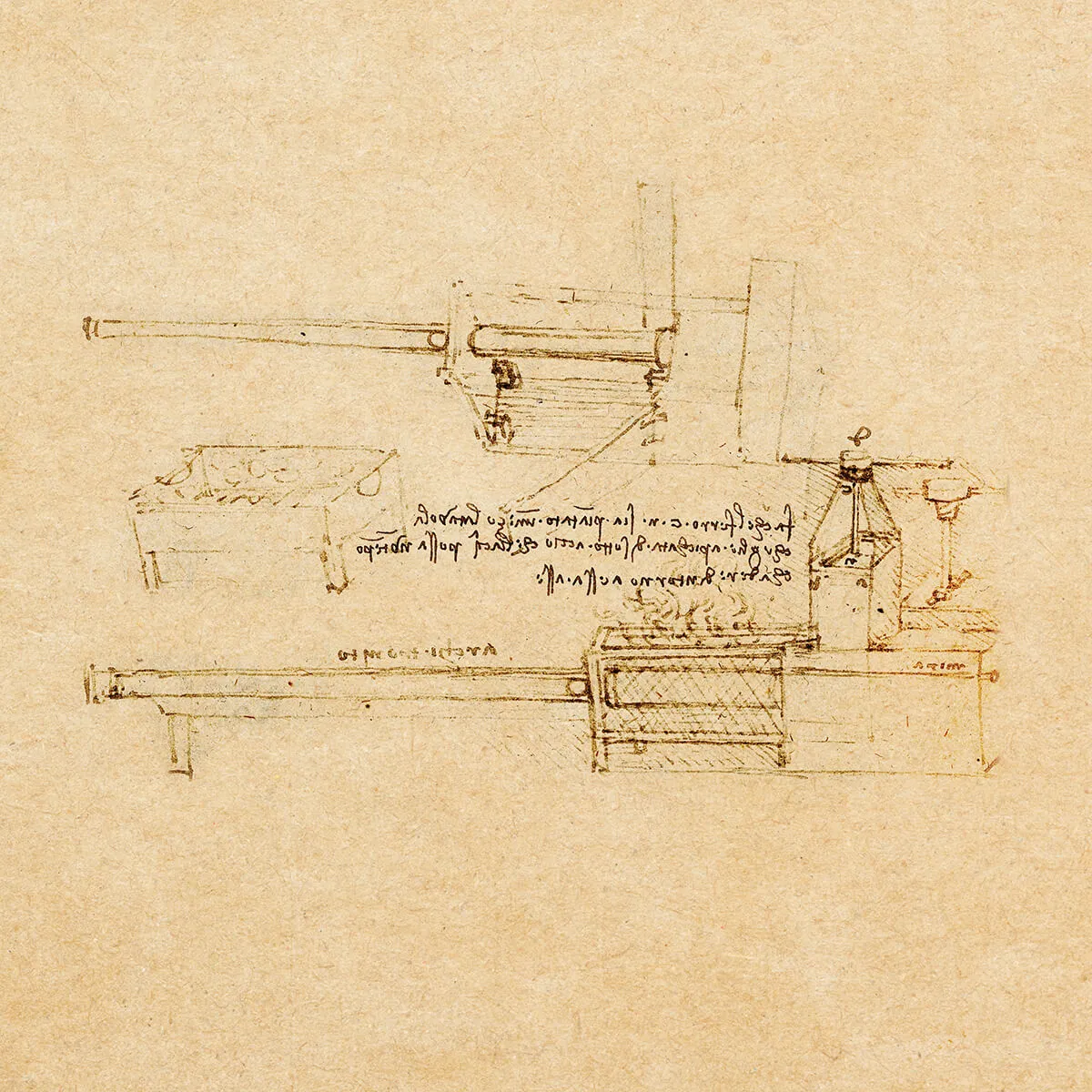 Leonardo da Vinci's sketch of a steam-powered cannon on aged paper, featuring technical drawings and mirrored handwritten notes.