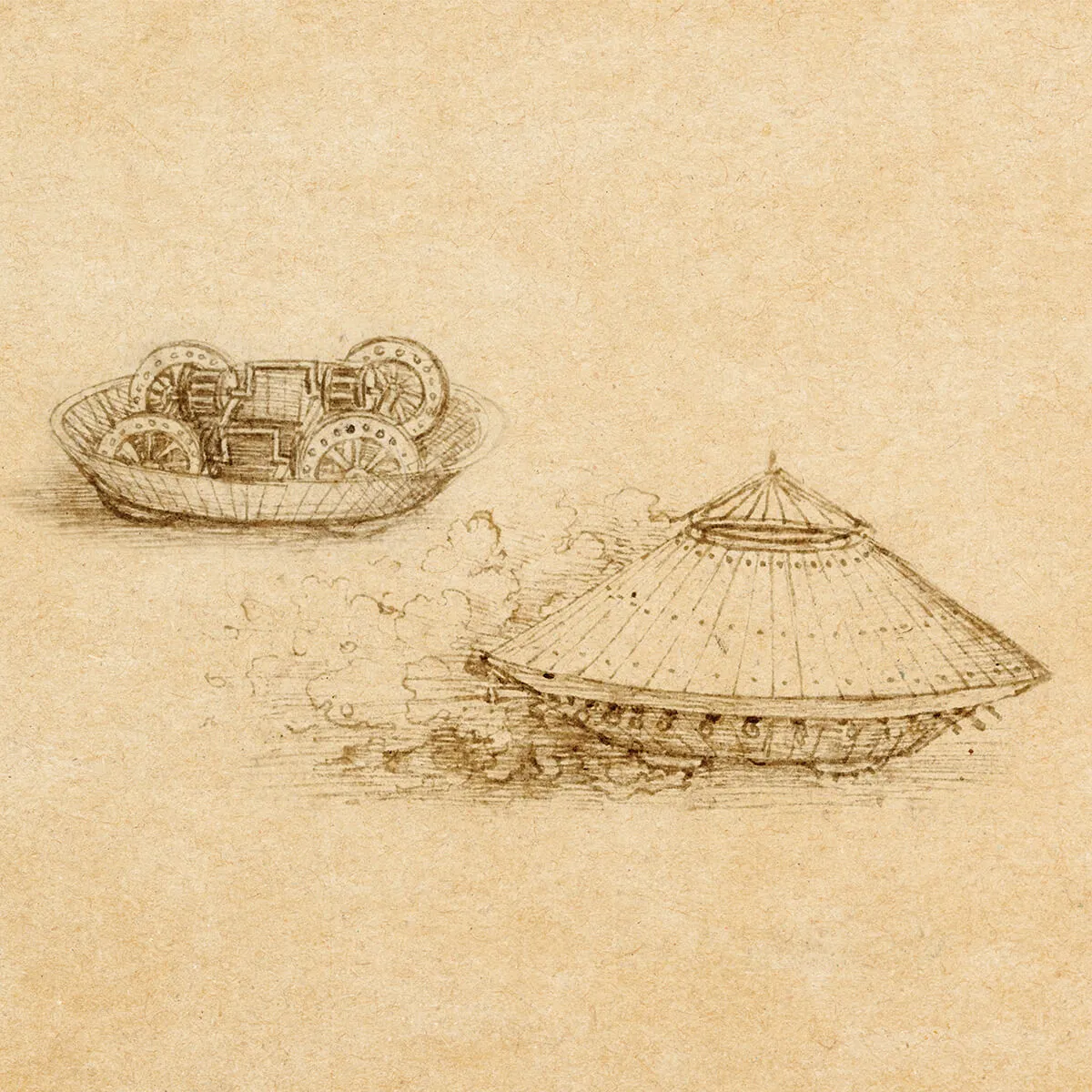 Sketch of a circular tank with smoke trails and its internal gear mechanisms on a parchment-like background.