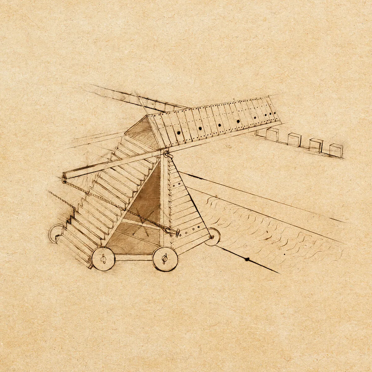 Sepia-toned sketch of a covered wooden siege cart with stairs and wheels positioned near a castle wall.