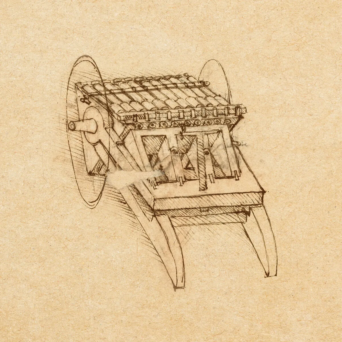 Sepia-toned sketch of an early mechanical multi-barrel gun with a firing mechanism and rotating barrels.