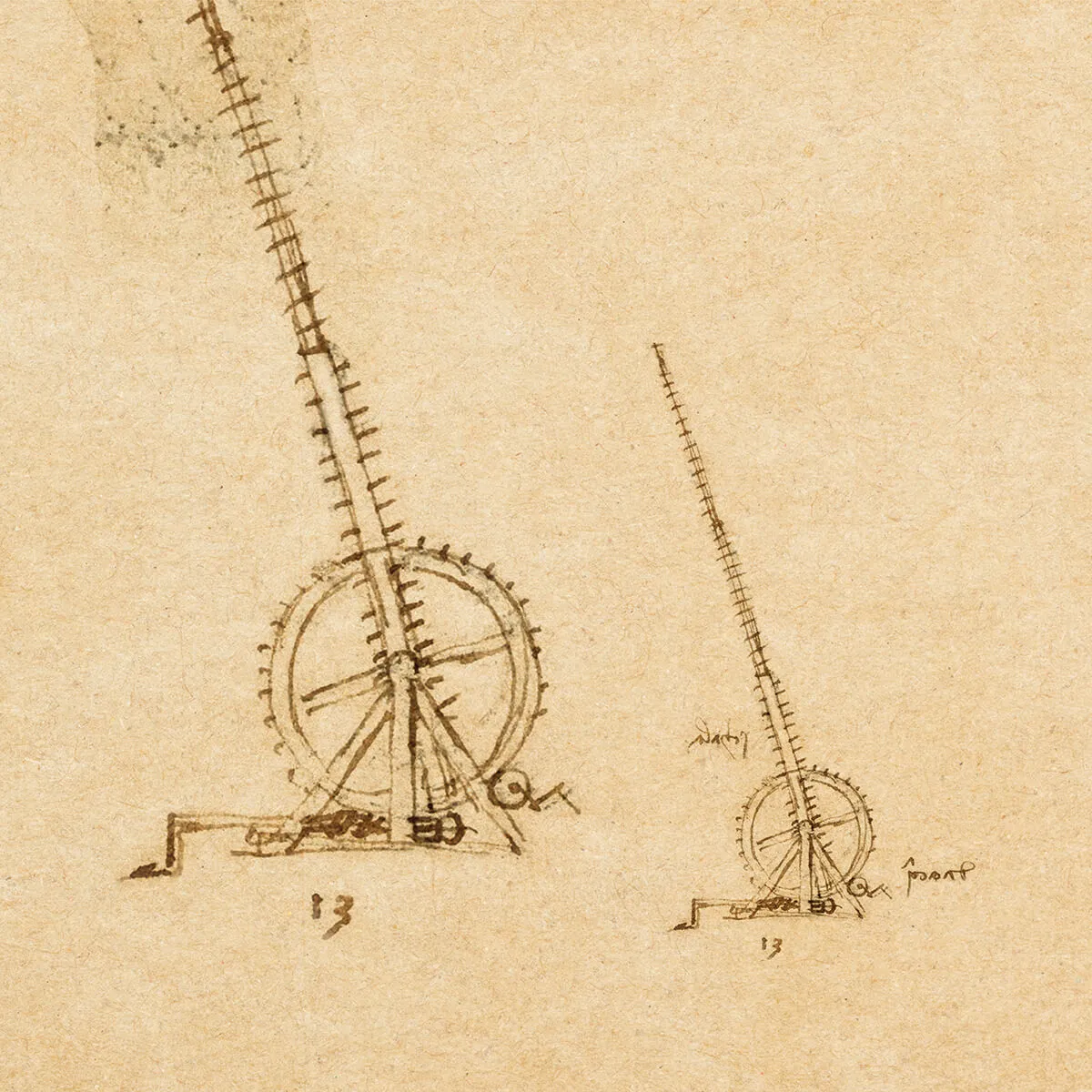 Two sketches of a mechanical ladder device with a large gear wheel and hand crank, drawn in brown ink on aged paper.