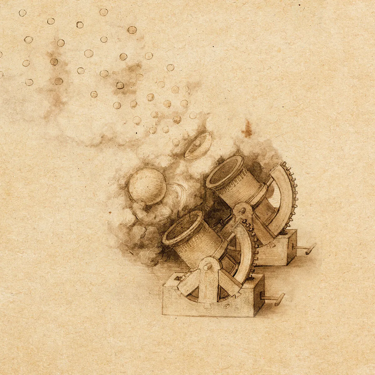 Sepia-toned sketch of two antique cannons firing spherical cannonballs with smoke and explosion.